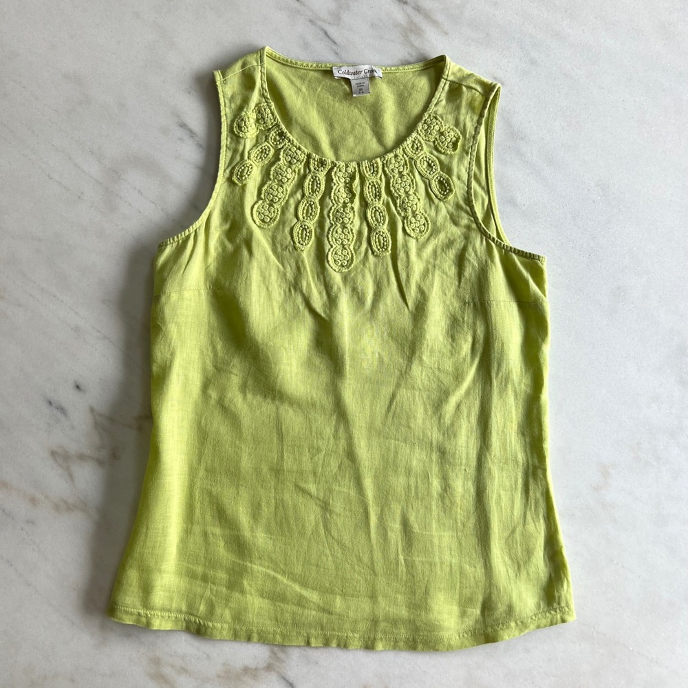 Coldwater Creek XS Sleeveless Top Green Crochet Neckline Casual Tank‎